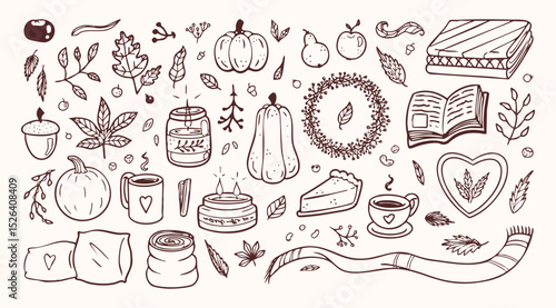 Cozy autumn drawings and outline graphic design elements, seasonal objects, vegetables, candles, warm clothes and other. Vector illustration set.