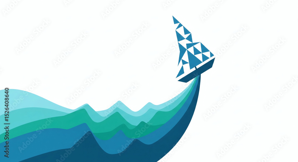 Naklejka premium Geometric Sailboat Navigating Abstract Waves - Journey and Progress Concept