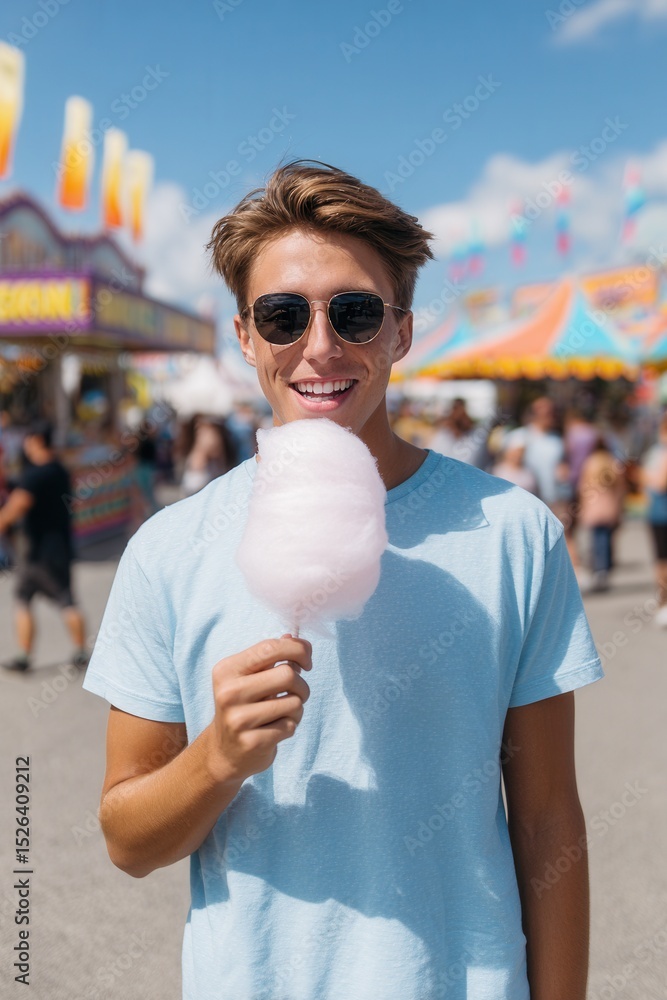 Fototapeta premium Young caucasian male enjoying cotton candy at summer carnival.