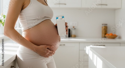 Expectant woman in white with beverage