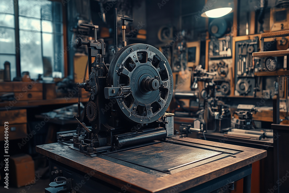 Fototapeta premium An ancient gear printing machine in a dim workshop