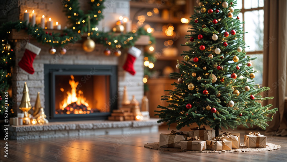Cozy Christmas Living Room with Decorated Tree, Fireplace and Gifts Cozy Christmas Living Room with Decorated Tree, Fireplace and Gifts