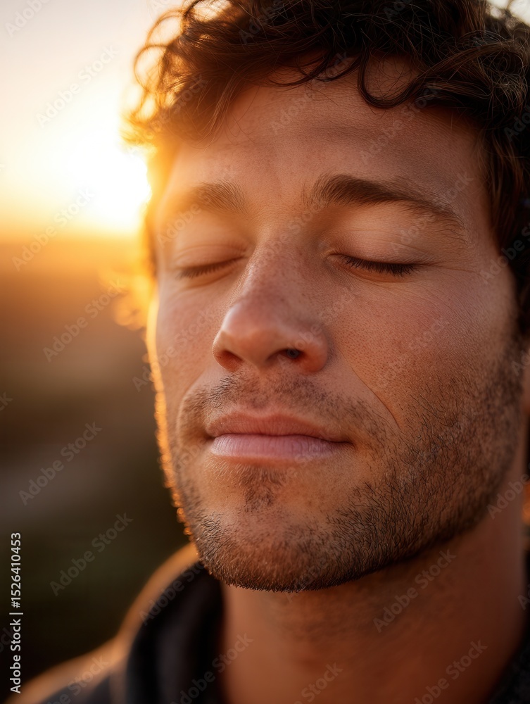 Obraz premium Young caucasian male enjoying sunset outdoors with closed eyes.