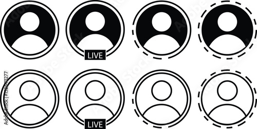 Set of story with user profile avatar icons buttons flat and line styles. Live video streaming frames, social media interface app vectors. Live broadcast gradient circles illustration collection.