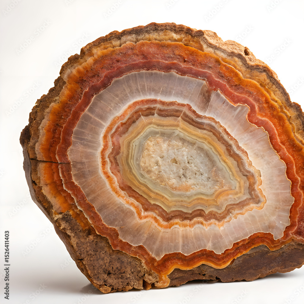 Fototapeta premium Banded agate slice displaying concentric layers of orange, red, and white, isolated on white background