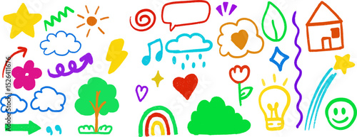 Fun and vibrant doodle icons of weather, nature, emotions, and positive symbols in a colorful hand-drawn style, perfect for kids projects, education, or creative content