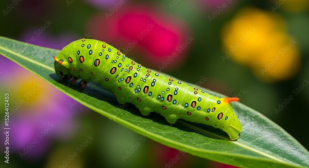 Vibrant Green Caterpillar on Leaf with Colorful Flower Background Vibrant Green Caterpillar on Leaf with Colorful Flower Background
