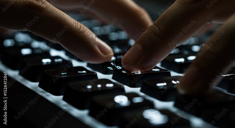 Fototapeta premium Hands typing on dark keyboard close up