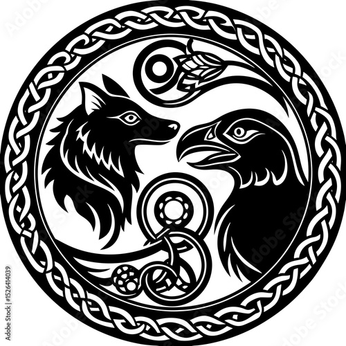 Viking Knotwork Art – Wolf and Raven Symbolism Vector
