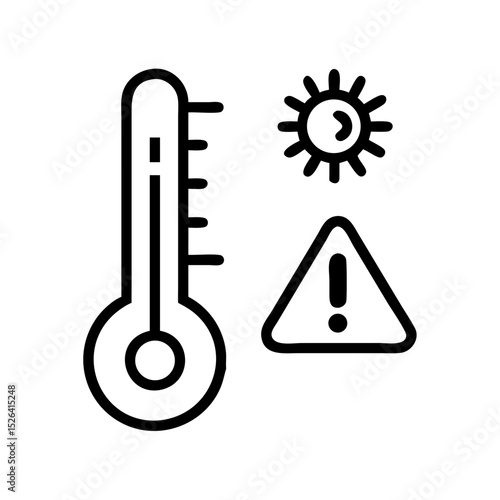 Thermometer with heat warning vector icon in black outline