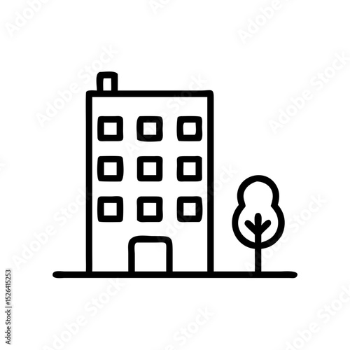 Building with tree vector icon in black outline style