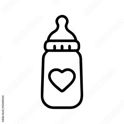 Baby bottle with heart vector icon in black outline style