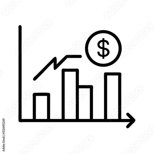 Bar chart with dollar sign vector icon in black outline style