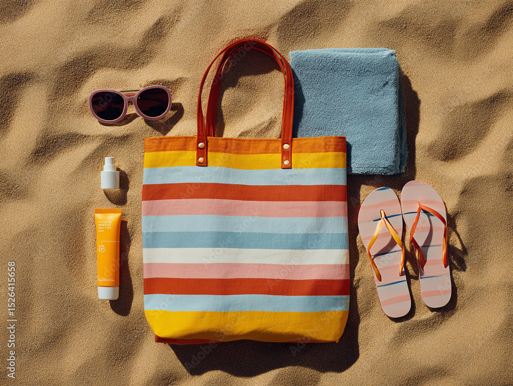 Naklejka premium Top-down of colorful beach bag with towel, sunscreen, sunglasses and flip-flops on sand