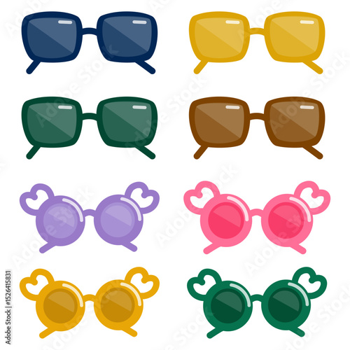 Sunglasses vector set. Vector set of stylish sunglasses in various colors and styles for men and women, isolated on white background for summer or fashion themes.
