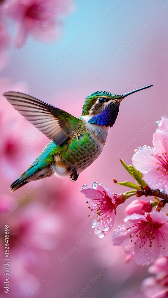Fototapeta premium Vibrant Hummingbird in Flight Amongst Delicate Pink Blossoms