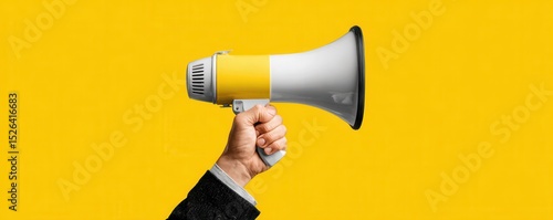 Hand Holding Megaphone on Bright Yellow Background Communicating Important Messages or Announcements