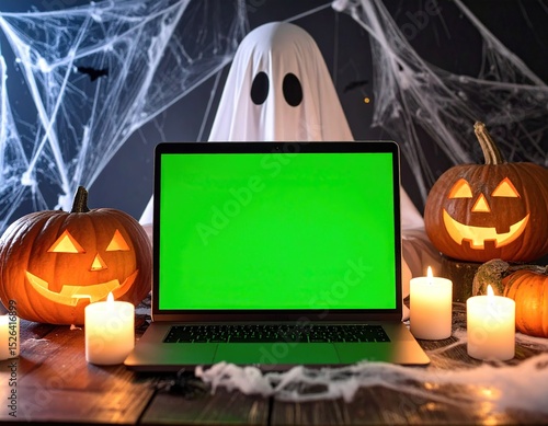 Halloween laptop with green screen, ghost, and pumpkins
