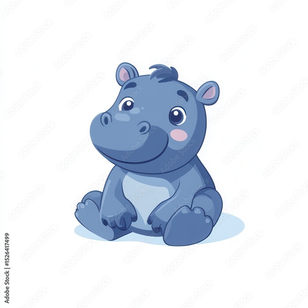 Fototapeta premium Cute cartoon baby hippo sitting on white background.