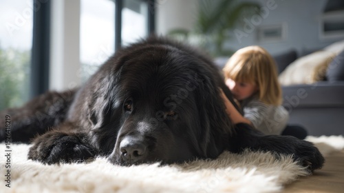 Girl pet a big dog on the carpet