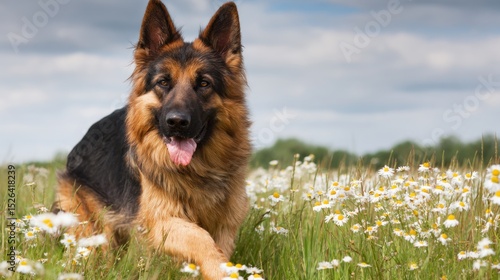 German Shepherd Dog Running Through a Flower Field