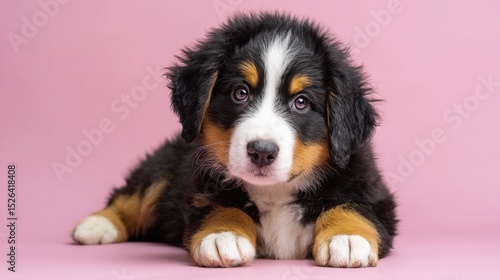 Cute Bernese Mountain Dog Puppy Posing on Pink Background