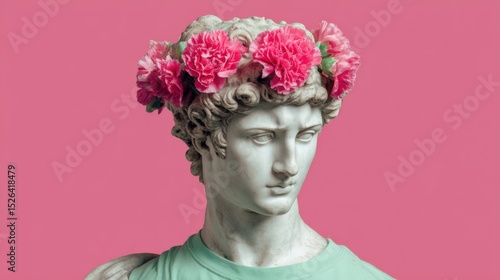 Classical Sculpture Adorned with Flowers Against Pink Background