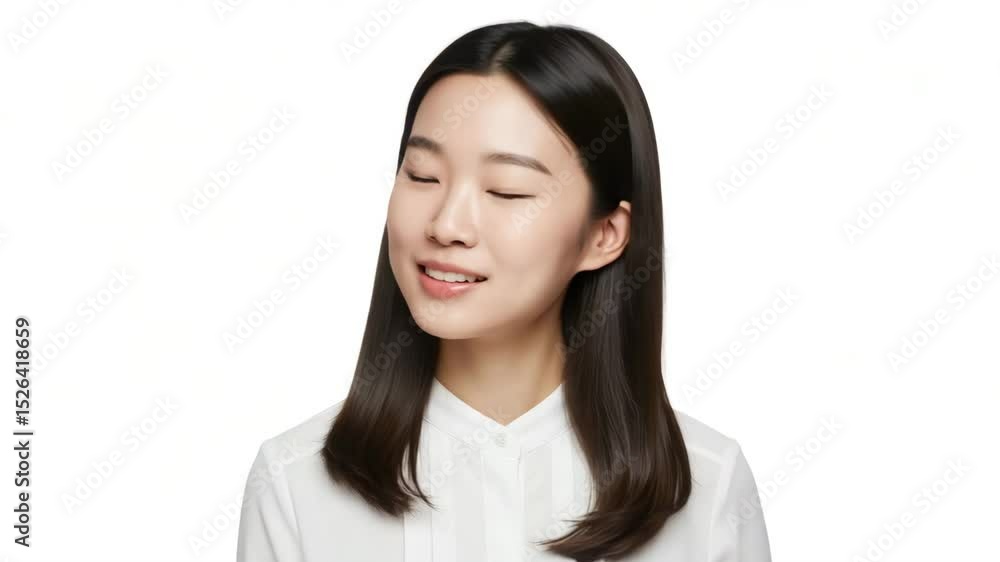 Confident woman with a bright smile and hand on her head, cheerful and approachable, against a clean white background. Confident woman with a bright smile and hand on her head, cheerful and approachable, against a clean white background.