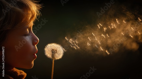 Little Child Blowing Dandelion Seeds Into The Dark Night