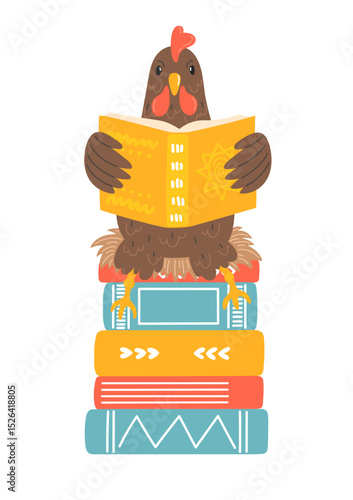 Cute hen reads a book sitting on stack of books.
