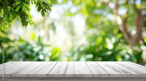 White Wood Table Against Beautiful Nature Green Scenery