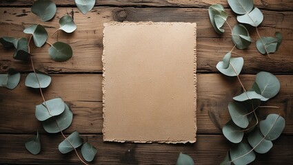 Blank sheet of kraft paper on wooden table with eucalyptus leaves, rustic stationery background