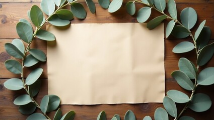 Blank sheet of kraft paper on wooden table with eucalyptus leaves, rustic stationery background