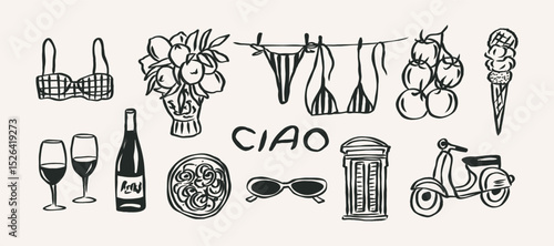 Hand drawn sketch Italian summer vacation elements