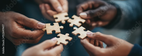 Hands of diverse individuals holding wooden puzzle pieces symbolizing collaboration and unity in teamwork and problem-solving