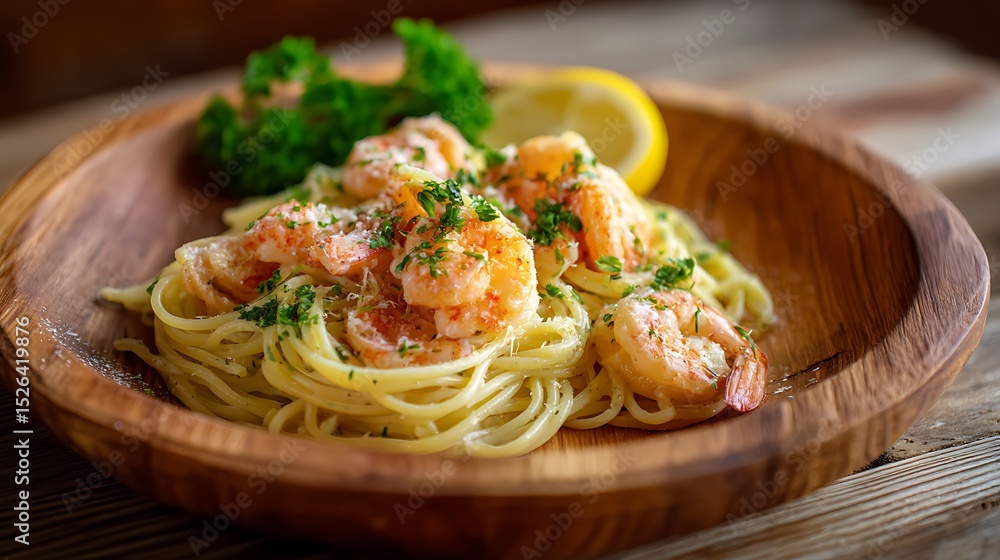 Fototapeta premium Shrimp Scampi with Linguine Served on a Wooden Plate