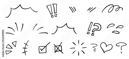 手書きの黒い気づき線　漫符アイコンセット ベクター 黒