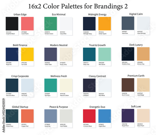 Business Brandings Color Palettes 2 16x2 - 3d Brand Colors Set, Color Schemes with Hex Codes and Names, Color Swatches and Combinations, Vector Illustration