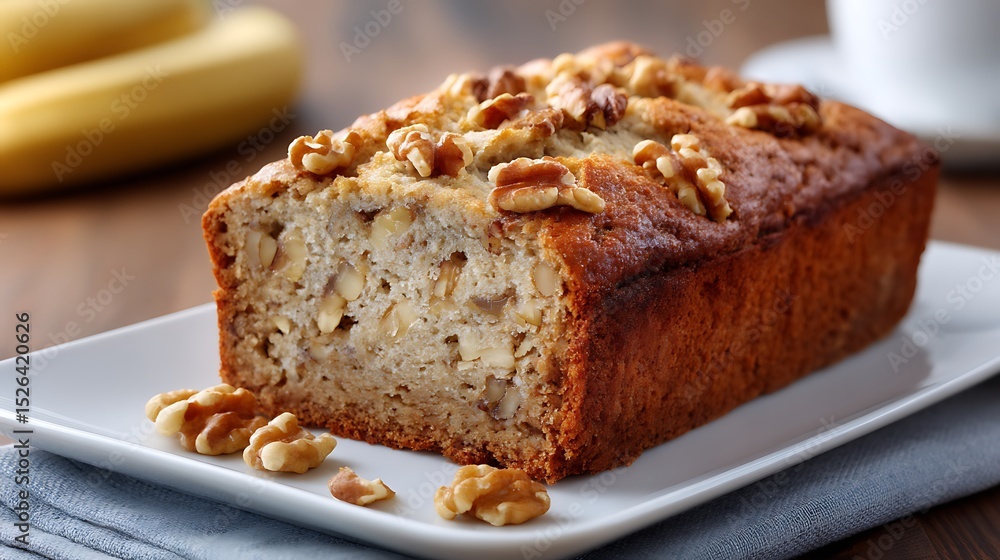 Homemade Banana Nut Bread with Walnuts on a White Plate Homemade Banana Nut Bread with Walnuts on a White Plate