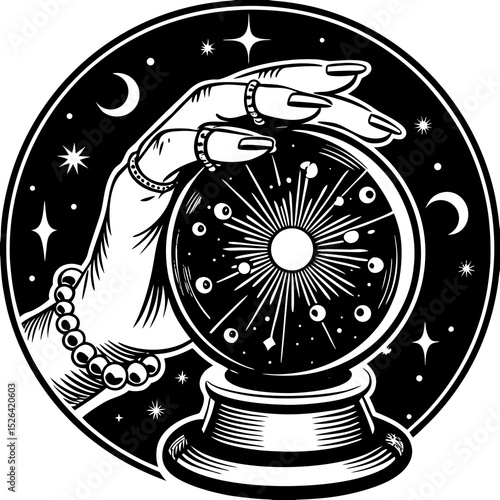 Arcane Divination Crystal Ball – Linocut Witch Art with Stars
