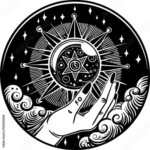 Seer’s Orb with Constellations – Witchcraft Linocut Vector Illustration