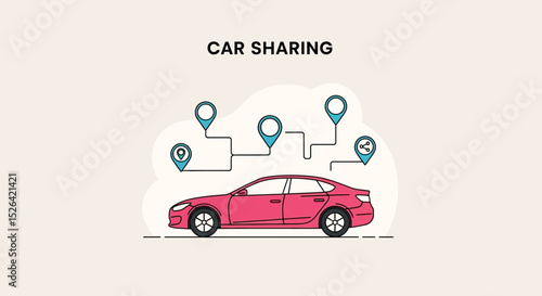 Car Sharing Concept – Flat Design Illustration with Location and Share Icons