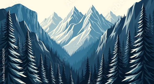 Snowy Mountain Landscape with Pine Forest – Winter Nature Vector Illustration
