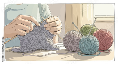 Hand Knitting with Yarn – Cozy Craft Illustration with Colorful Balls of Wool