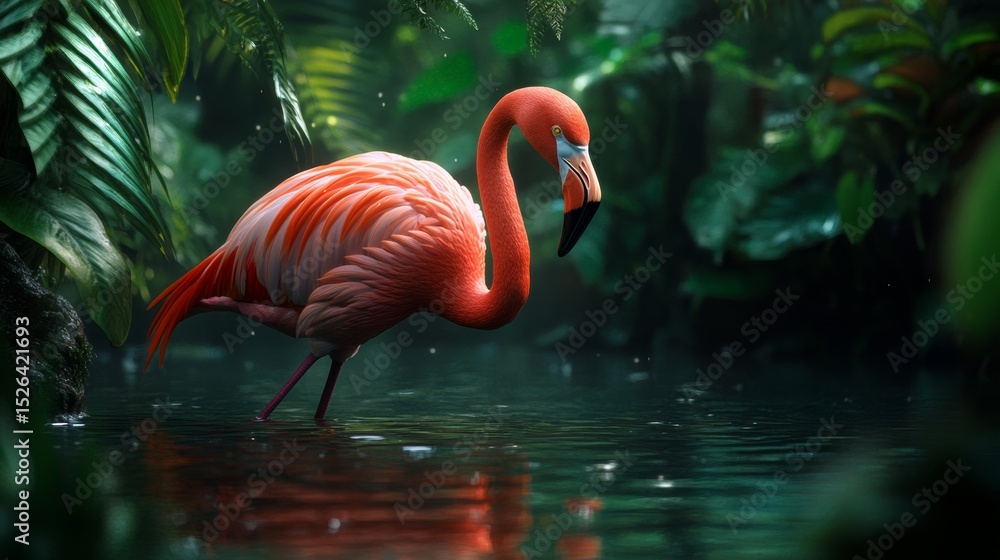 Fototapeta premium A flamingo wades in shallow water, a tropical summer atmosphere