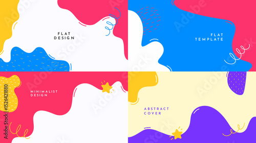 Vector illustration. Flat banner template. Hand drawn doodle shapes and lines. Design elements for horizontal web banner, panoramic wallpaper. Trendy colorful background with waves and scribbles