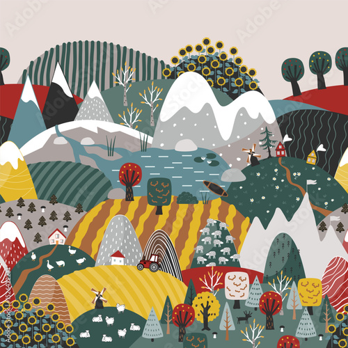 Cute seamless border pattern with doodle hand drawn Scandinavian mountains and fields landscape. Creative children texture. Modern cartoon style vector illustration