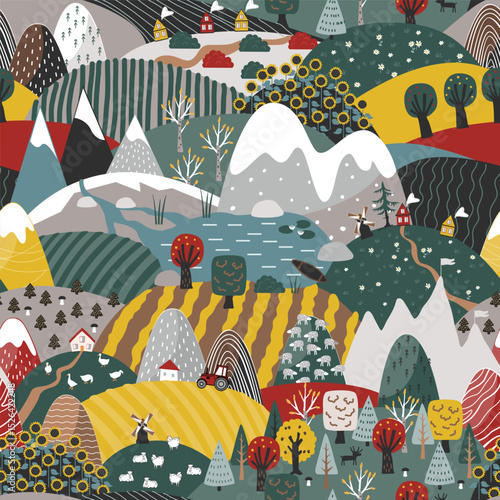 Cute seamless pattern with doodle hand drawn Scandinavian mountains and fields landscape. Creative children texture. Modern cartoon style vector illustration