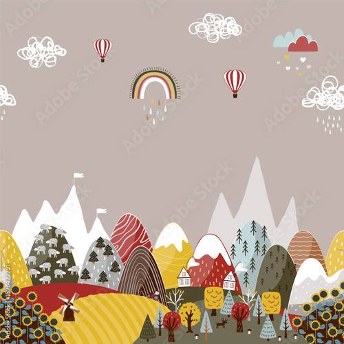 Cute seamless border pattern with doodle hand drawn mountains and fields landscape. Creative children texture for kids fabrics, decor, wallpapers. Modern cartoon style vector illustration.