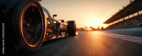 Dynamic Close-Up of a Racing Car Wheel During a Sunset at the Racetrack with Blurred Background and Vibrant Colors